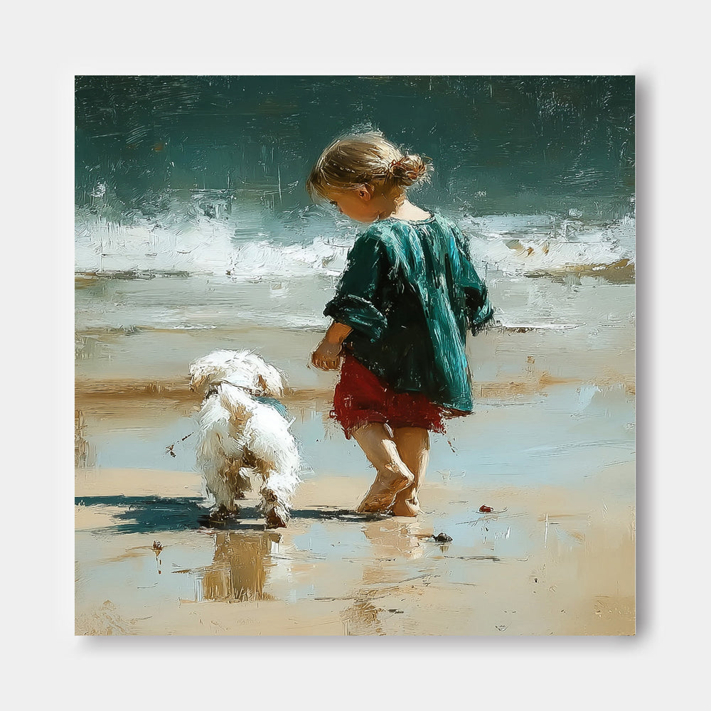 Textured Impressionist Beach Scene With Child And Pet Square Wall Art