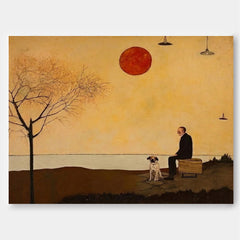 Retro Minimalist Oil Painting Of Man And Dog At Sunset For Living Room Decor