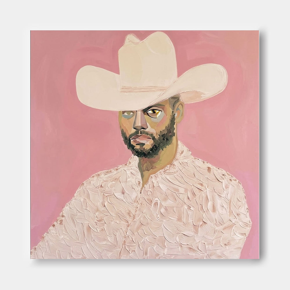 Modern Cowboy Portrait Painting On Canvas With Pink Background For Living Room Decor