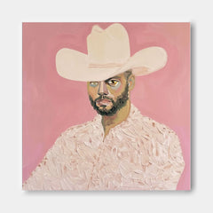Modern Cowboy Portrait Painting On Canvas With Pink Background For Living Room Decor