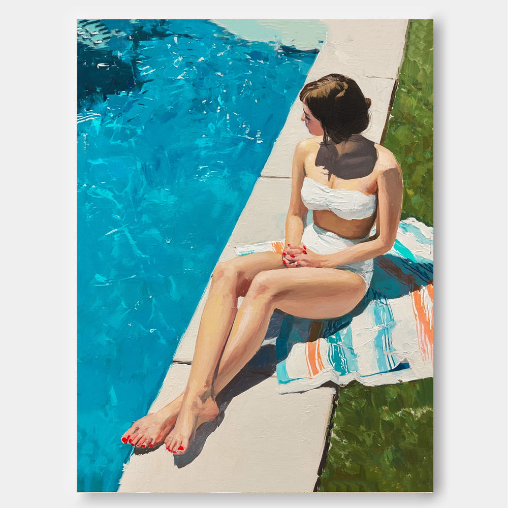 Woman By The Pool Original Oil Painting For Modern Living Room Decor