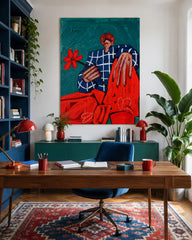 Quirky Male Portrait Art With Red Flower And Blue Grid Jacket For Modern Living Room