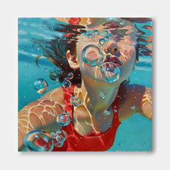 Vibrant Swimming Pool Art Girl Underwater Scene Square Oil Painting On Linen