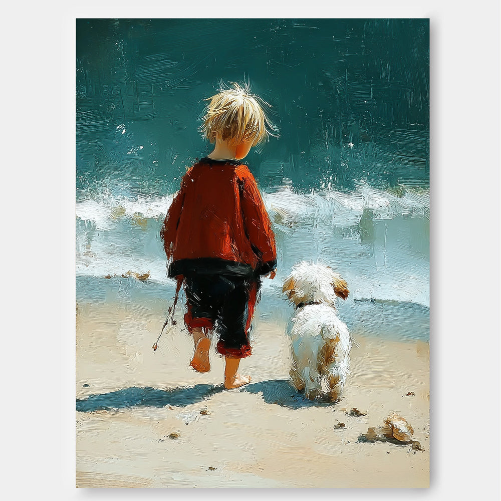 Impressionist Style Child And Dog Beach Painting Original Oil Art For Living Room Decor