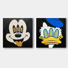 Set of 2 Large Abstract Modern Square Original Oil Paintings On Canvas Graffiti Disney Characters Wall Art