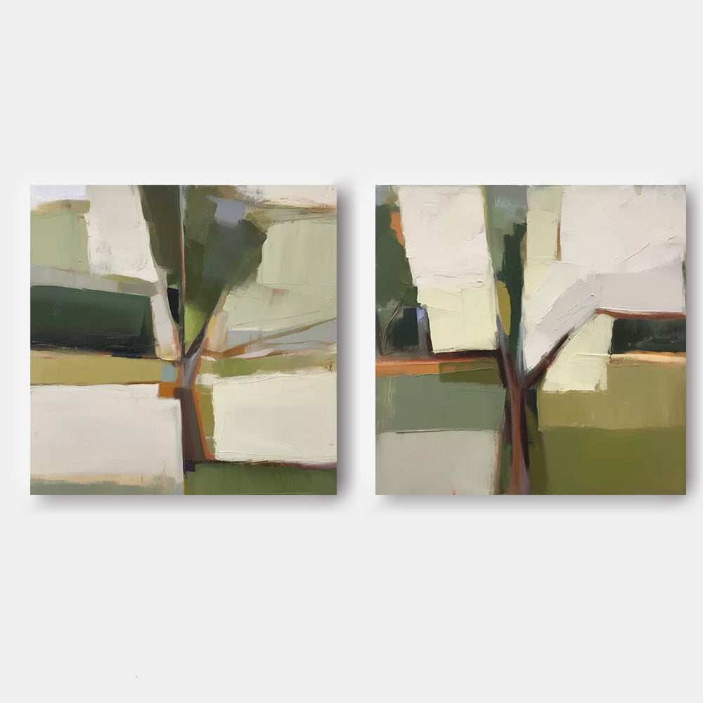 Set of 2 Large Abstract Modern Blue Square Original Tree Oil Paintings On Canvas Texture Wall Art Living Room Decor