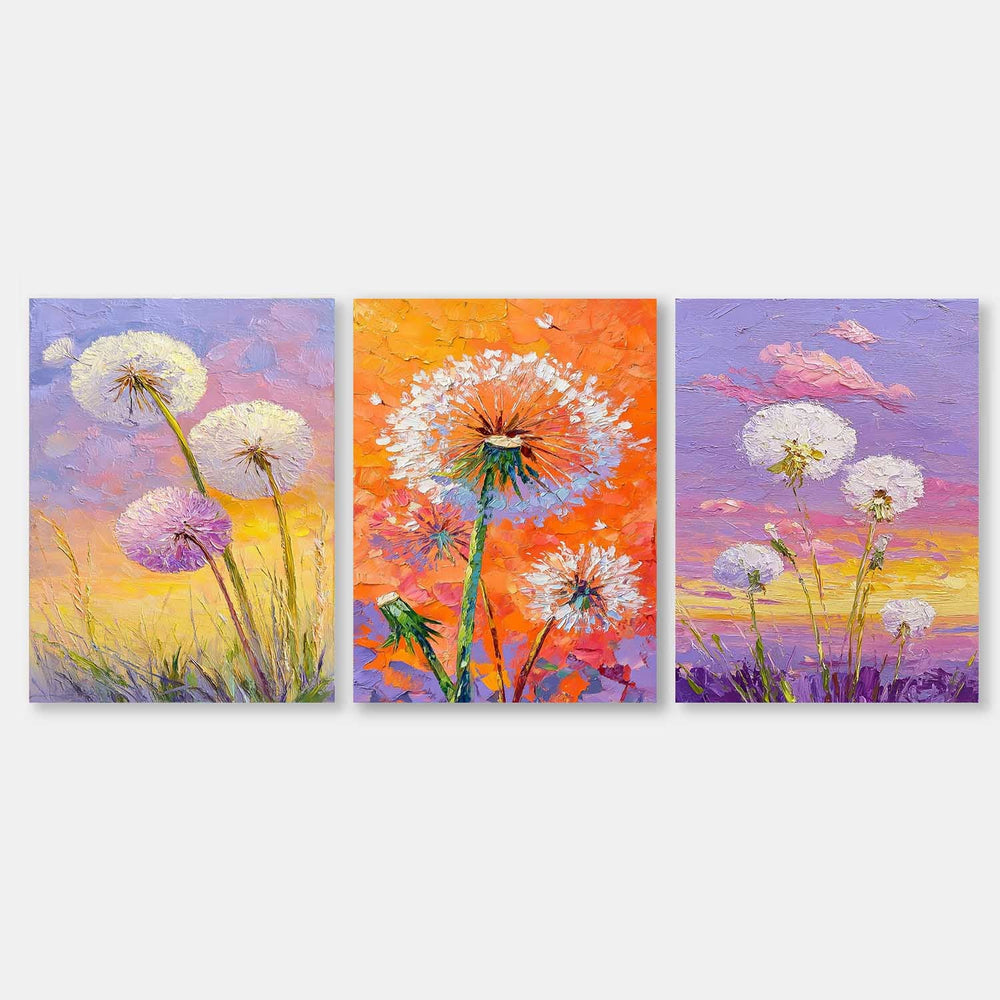 Impressionist Sunset Wildflower Painting Triptych Boho Decor Vibrant Color Dandelion Modern Floral Art