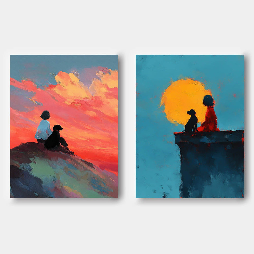 Abstract Sunset Oil Painting Prints 2 Piece Diptych Wall Decor Textured Girl And Puppy Silhouette Art