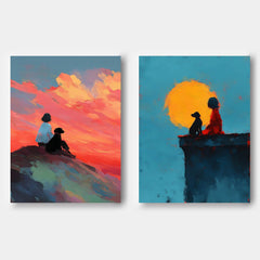 Abstract Sunset Oil Painting Prints 2 Piece Diptych Wall Decor Textured Girl And Puppy Silhouette Art
