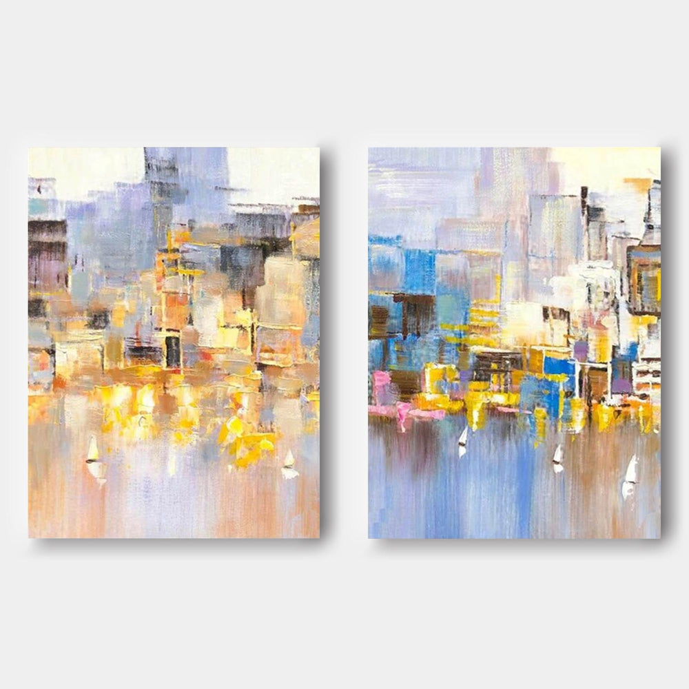 Set of 2 Abstract City Oil Painting Contemporary Textured Canvas Painting Modern Wall Art Home Decor