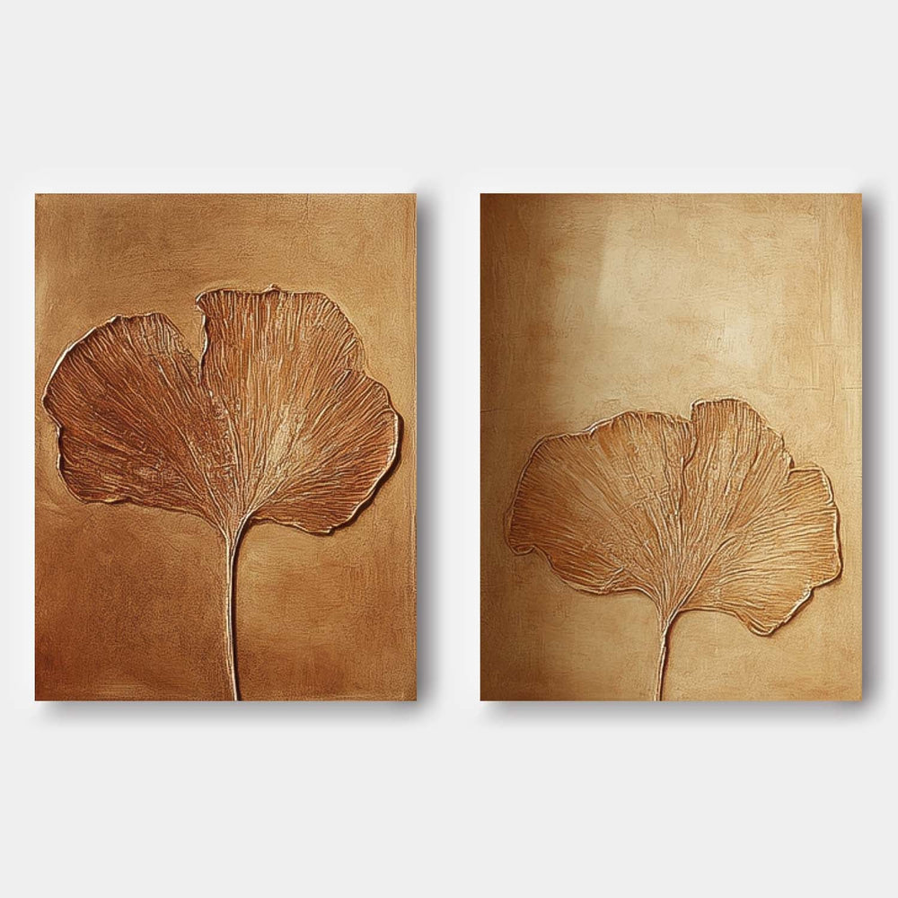 Set of 2 Exquisite Ginkgo Leaf Painting Acrylic Textured Floral Art Impressionist Ginkgo Leaf Painting