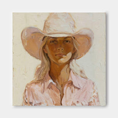 Modern Cowgirl Portrait Painting In Warm Earth Tones For Living Room Decor