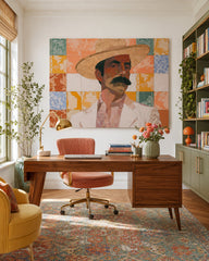 Vintage Cowboy Portrait Art With Floral Tile Background For Living Room Decor
