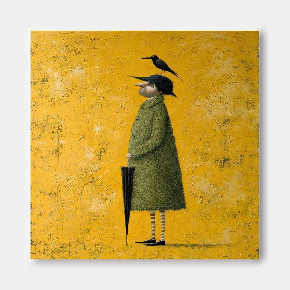 Quirky Character Art With Umbrella Minimalist Style Painting For Eclectic Interior