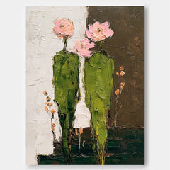 Handpainted Abstract Green Flower People Painting Modern Textured Wall Art Unique Floral Artwork Decor Gift