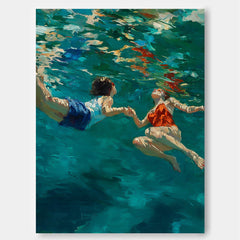 Original Diving Wall Art Abstract Two People playing In Water Oil Painting Canvas Modern Swimming Artwork