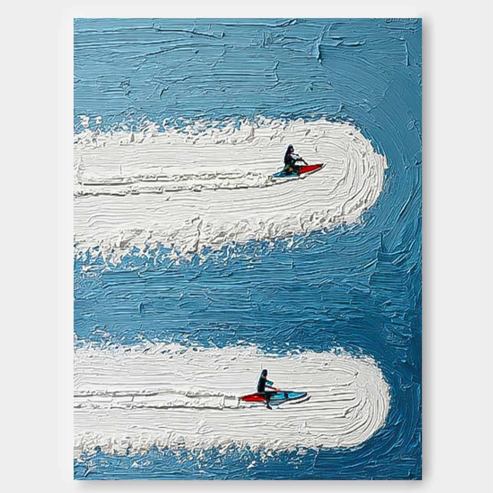 Minimalist Surfing Art Contemporary Ocean Painting Abstract Surfer Landscape Blue Ocean Wall Art Decor