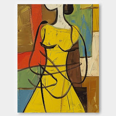 Large Cartoon Lines Painting Framed Original Lady Wall Art Abstract Yellow Dress Artwork Home Decor