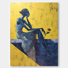 Textured Abstract Painting Pensive Lady Impasto Style Wall Art Contemporary Meditative Female Portrait Artwork