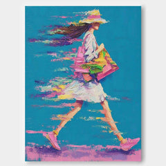 Bright Colorful Modern Impasto Oil Painting Walking Woman Art Textured Canvas Of Woman Impressionist Painting