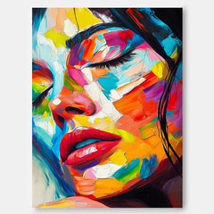 Large Colorful Lady Face Artwork Original Acrylic Painting Canvas Abstract Woman Wall Art Framed
