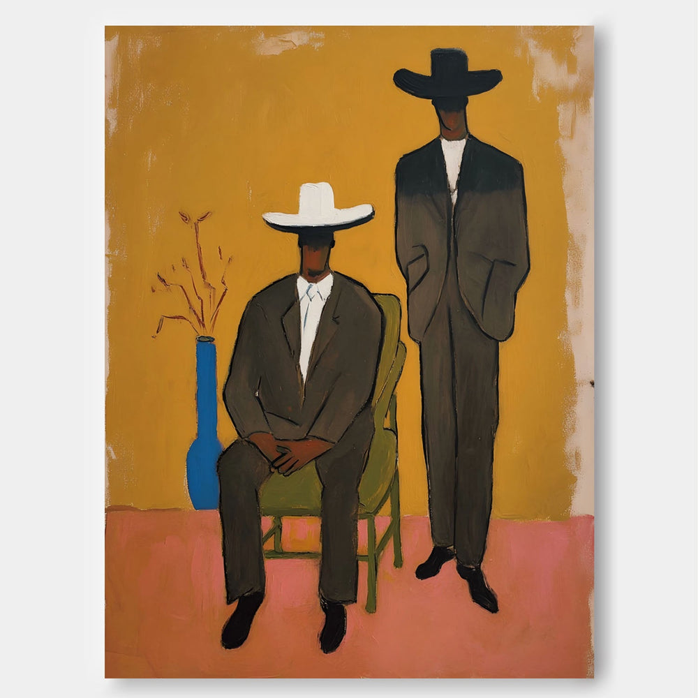 Gentlemen In Suits & Fedoras Painting Vintage Modern Abstract Art For Living Room Unique Home Accent