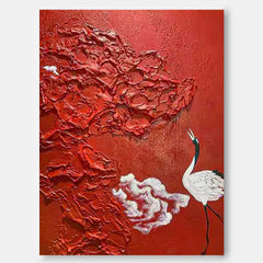 Bright Red Oil Painting Modern Thick Texture Crane Oil Painting Impressionist Crane Animal Wall Art