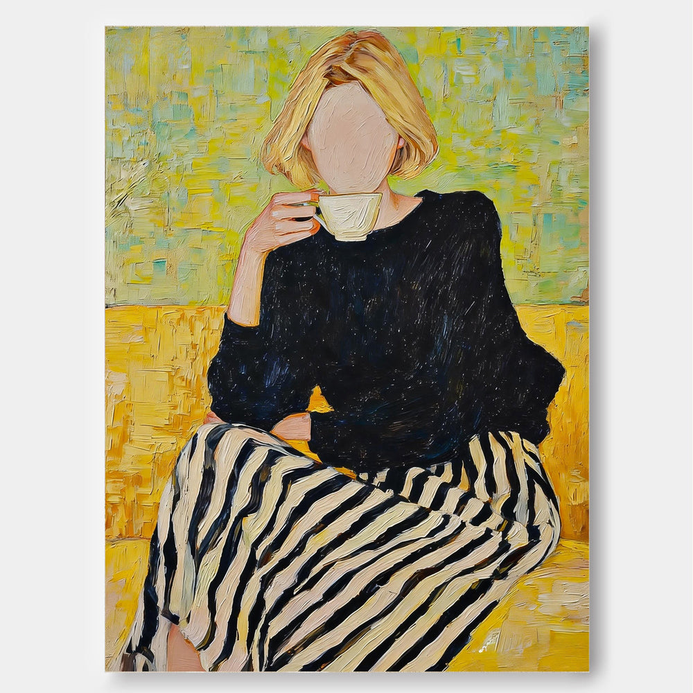 Faceless Blonde Woman Art Modern Yellow & Black Impressionist Oil Painting Abstract Female Portrait Artwork