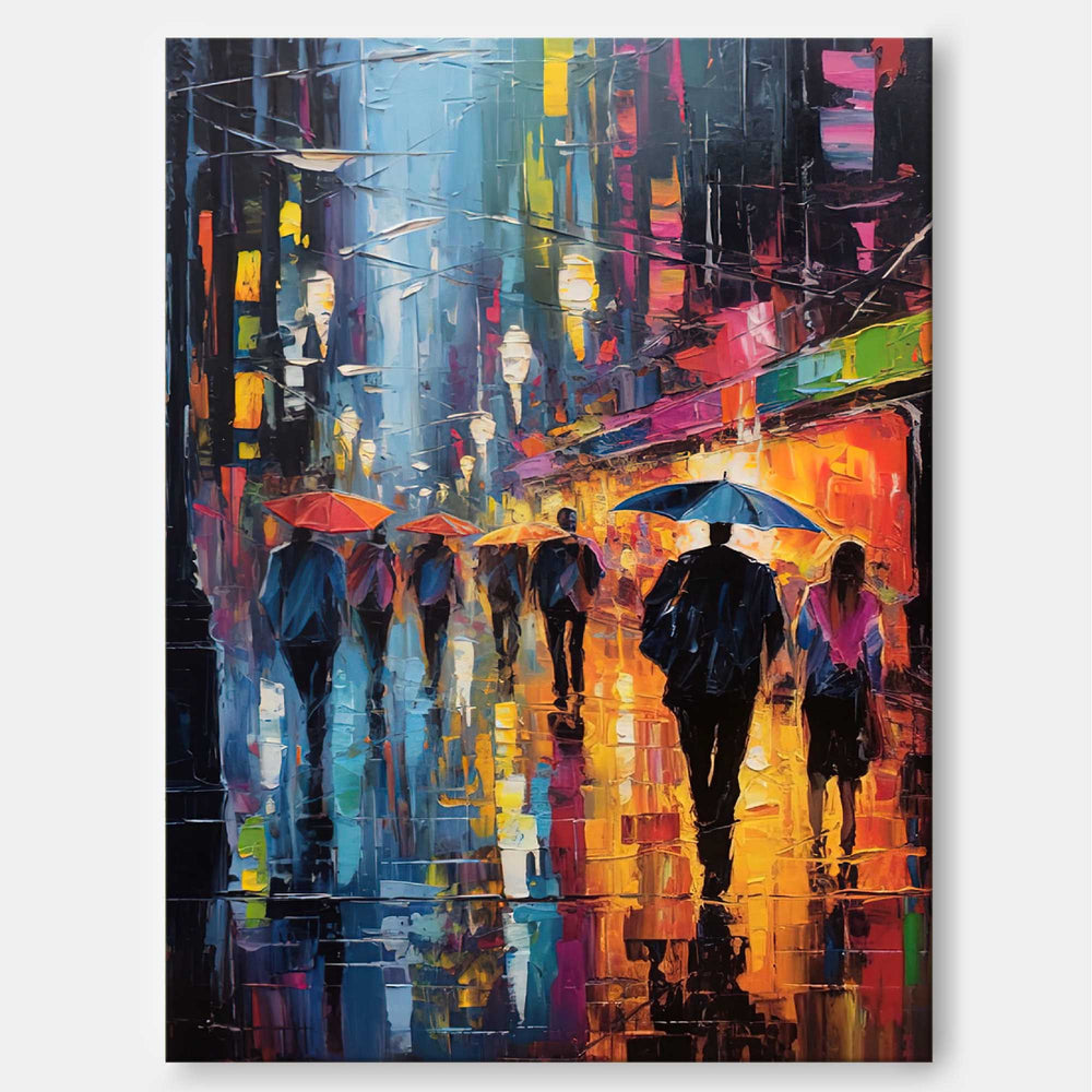 Abstract Rainy Night Cityscape Oil Painting On Canvas Original Modern Urban Scene Art Large Wall Art Home Decor