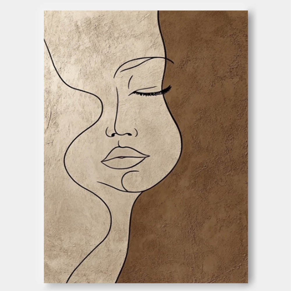 Brown Original Figure Acrylic Painting Large Women Face Abstract Wall Art Portrait Artwork Home Decor