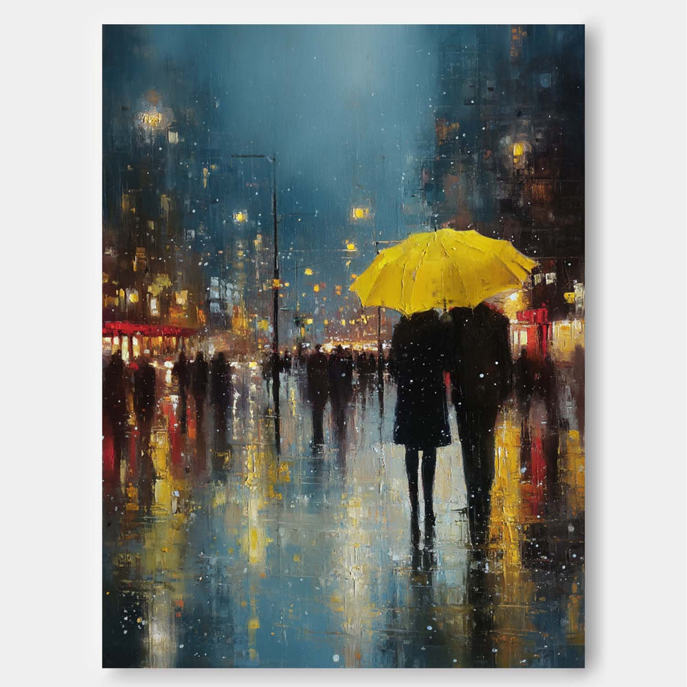 Rainy Street Oil Painting Style for Romantic Red Umbrella Couple Canvas Wall Art Modern Room Decor