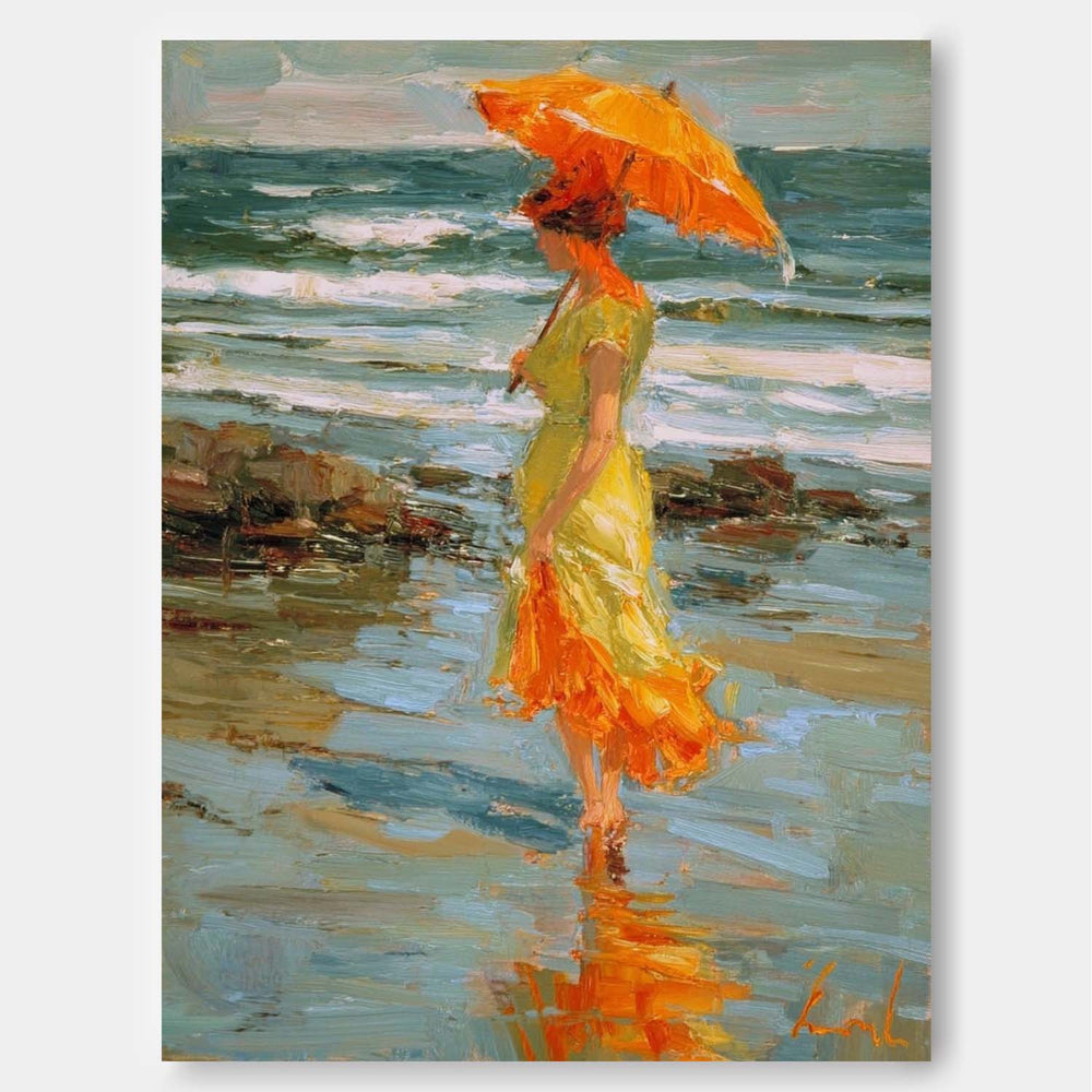 Original Handmade Art Elegant Woman In A Flowing Green Dress Painting Large Retro Unique Artwork Decor