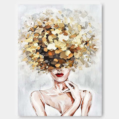 Original White Wall Art Abstract Lady Painting Woman Face Artwork Large Leaf Faceless Portrait Painting