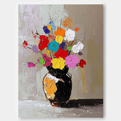 Color Flowers Acrylic Painting Canvas Original Floral Painting Large Textured Vase Art For Living Room