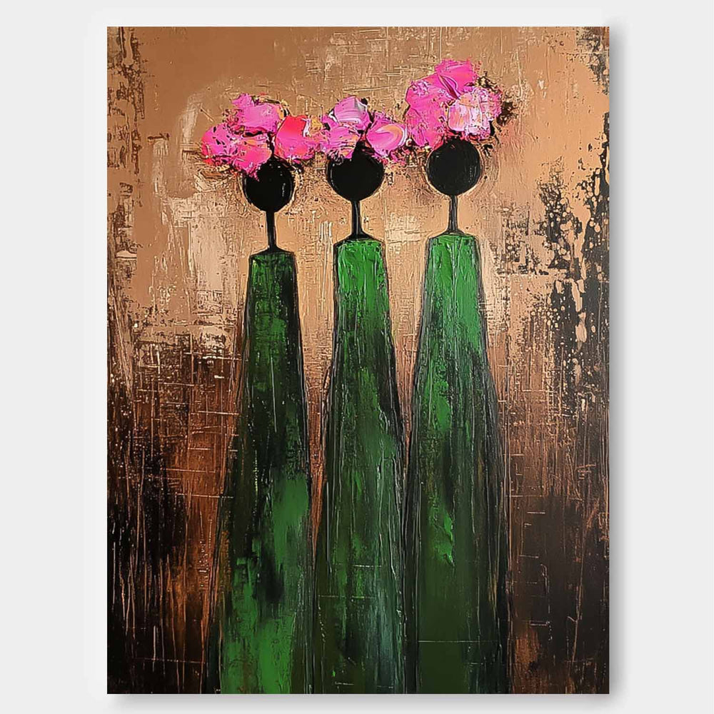 Pink And Green Modern People Silhouette Wall Art Original Retro Painting Abstract Simple Characters Artwork