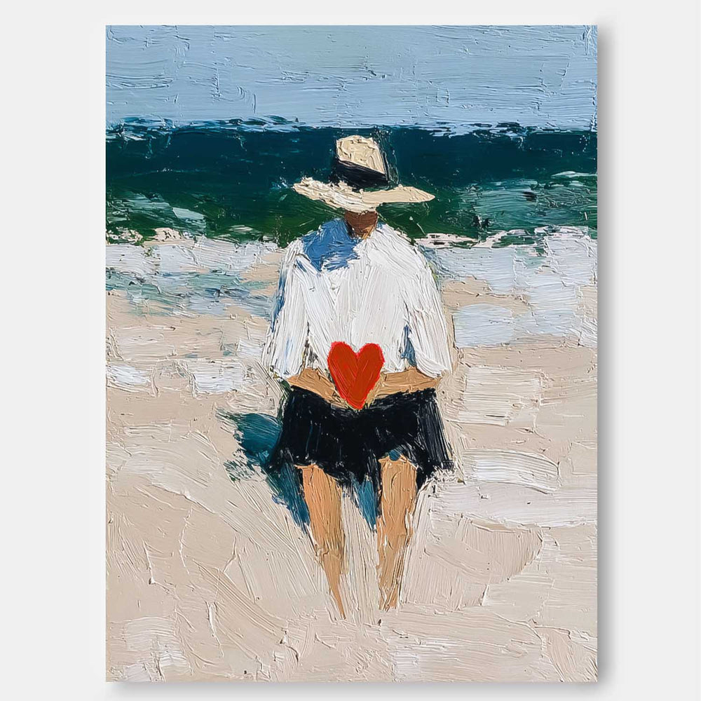 Original Beach Boy Oil Painting Style for Romantic Holding Love Heart Canvas Wall Art Modern Artwork Decor