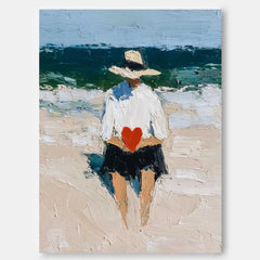 Original Beach Boy Oil Painting Style for Romantic Holding Love Heart Canvas Wall Art Modern Artwork Decor