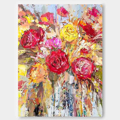 Affordable Abstract Yellow And Red Roses Acrylic Painting On Canvas Contemporary Wall Art For Living Room