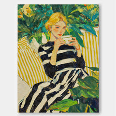 Elegant Woman Canvas Art Sophisticated Female Portrait Oil Painting Mid-Century Modern Style Wall Decor