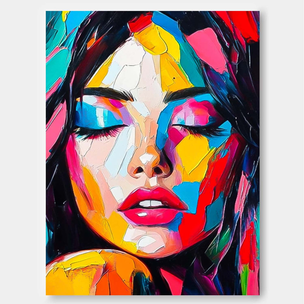 Original Acrylic Painting Canvas Large Colorful Lady Face Artwork Abstract Woman Wall Art Framed