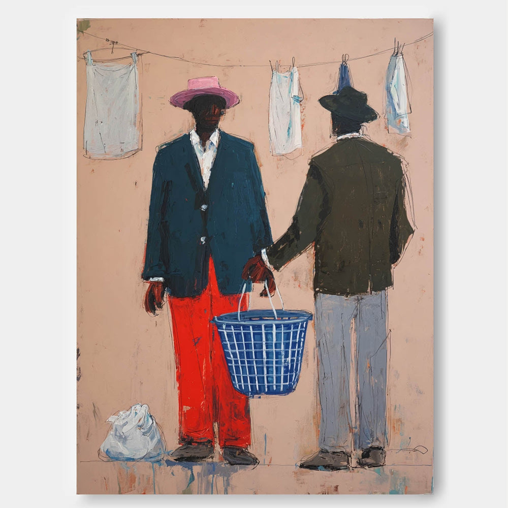 Cute Laundry Scene Wall Art Vibrant Painting Of Black Men With Blue Basket Unique Home Decor For Living Room