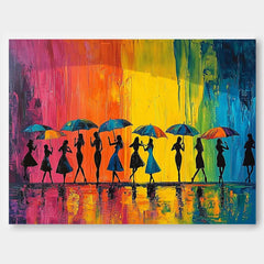 Original People Silhouette Artwork Expressive Rainy Street Modern Acrylic Painting Large Colorful Wall Art