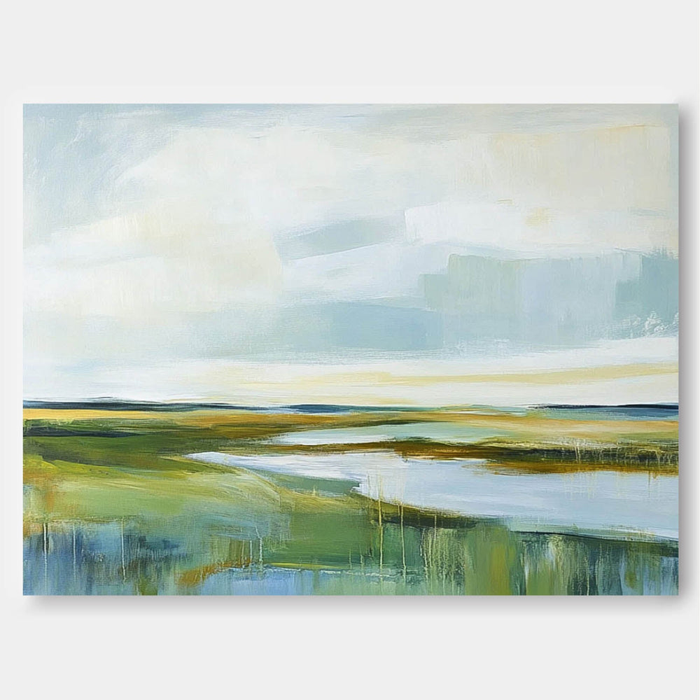 Abstract Lake Landscape Oil Painting Green Countryside Landscape Artwork Large Blue Texture Wall Art Framed