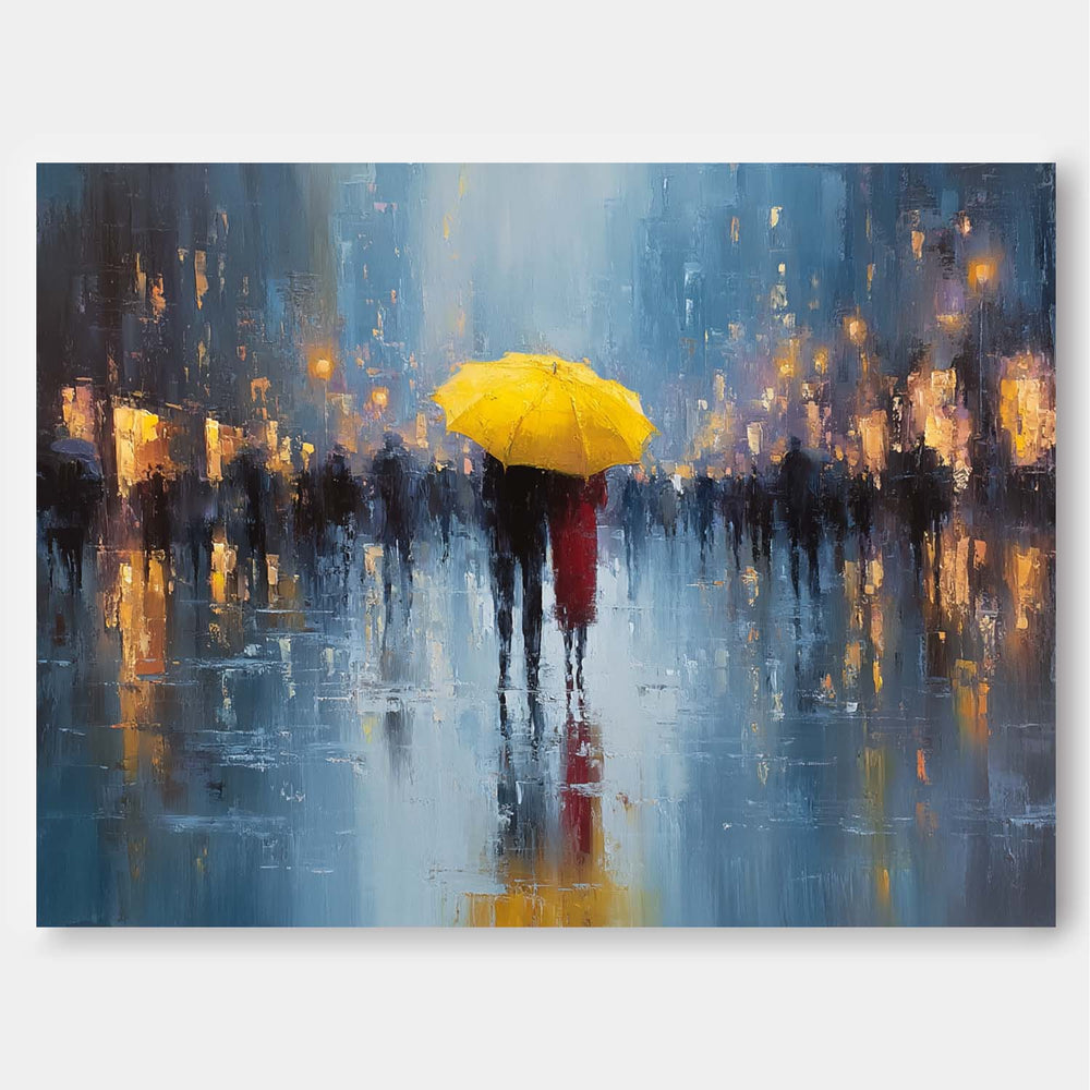 Yellow Umbrella Couple Canvas Wall Art Rainy Street Oil Painting Style for Romantic Modern Room Decor