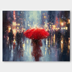 Red Umbrella Lady Canvas Wall Art Rainy Street Oil Painting Style for Romantic Modern Room Decor