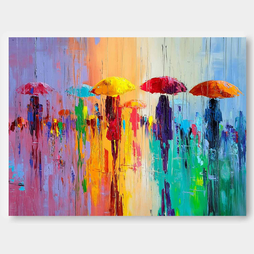 Colorful Umbrella Lady Canvas Wall Art Original Rainy Street Oil Painting Modern Artwork Home Decor