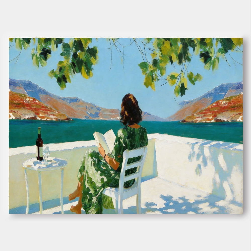 Woman Reading By Sea Original Oil Painting For Living Room Decor
