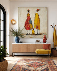 Abstract People Painting With Dog Warm Tones Textured Canvas Wall Art For Living Room Decor