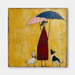 Whimsical Lady With Dogs Under Umbrellas Square Canvas Art For Living Room Decor