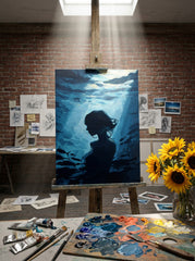 Blue Underwater Woman Portrait Oil Painting On Linen Canvas For Living Room Decor